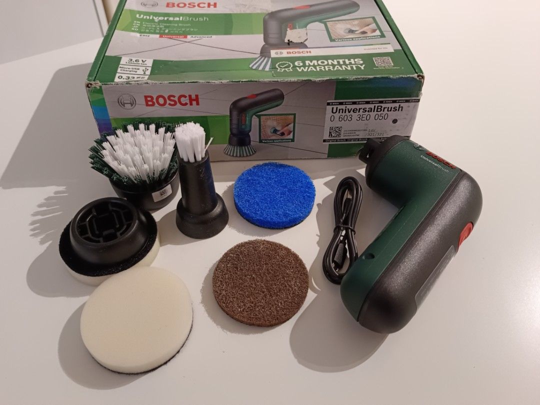 Bosch UniversalBrush Cordless Electric Cleaning Brush – Complete Set (Category: Cleaning Tools & Supplies) located in Pasig City. Submitted by mortenk1986 (Listing ID 1465711530, Image 2). Description: Bosch UniversalBrush cordless electric cleaning brush, 3.6V. Rarely used and in excellent / like-new condition. Works perfectly and includes the original accessories shown in the photos, charging cable and original box. Great for bathrooms, tiles, 