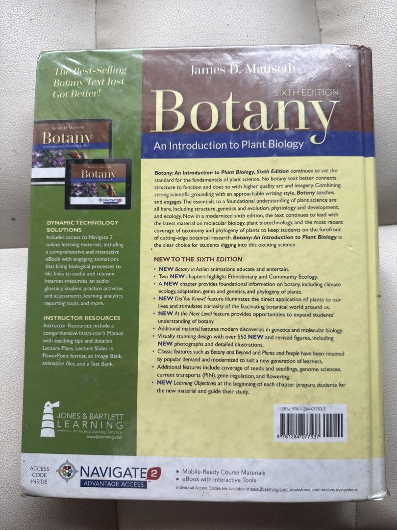 Botany Sixth Ed. (Category: Textbooks) located in Pasig City. Submitted by apparelgoodiesbykevm (Listing ID 1465616105, Image 2). Description: - Title: Botany: An Introduction to Plant Biology, Sixth Edition - Author: James D. Mauseth - Level: Tertiary / College Textbook - Condition: Good, well-kept pages - Features comprehensive illustrations and detailed chapters on plant science.