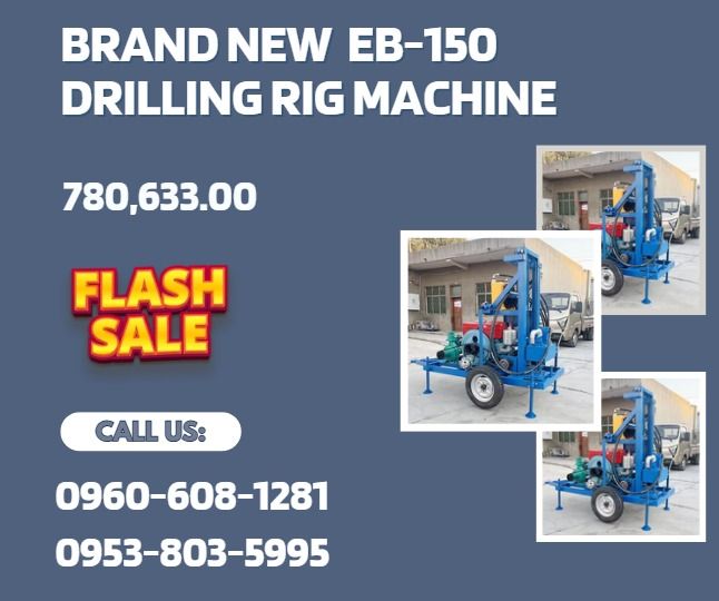 brand new EB-150 Drilling Rig Machine (Category: Everything Else Others) located in Caloocan City. Submitted by gracemonle62168 (Listing ID 1465626233, Image 1). Description: • Overall dimension: 1900*1100*2600 • drill weight: 600KG • Applicable voltage: 380V Diesel generators • Pump power: 2.2kw • Drill pipe length: 1.5M • Borehole diameter: within 400mm • Drilling rig power: 4000w • Drill pipe diameter: 50mm • Drilling depth: 150m • Warranty: 1