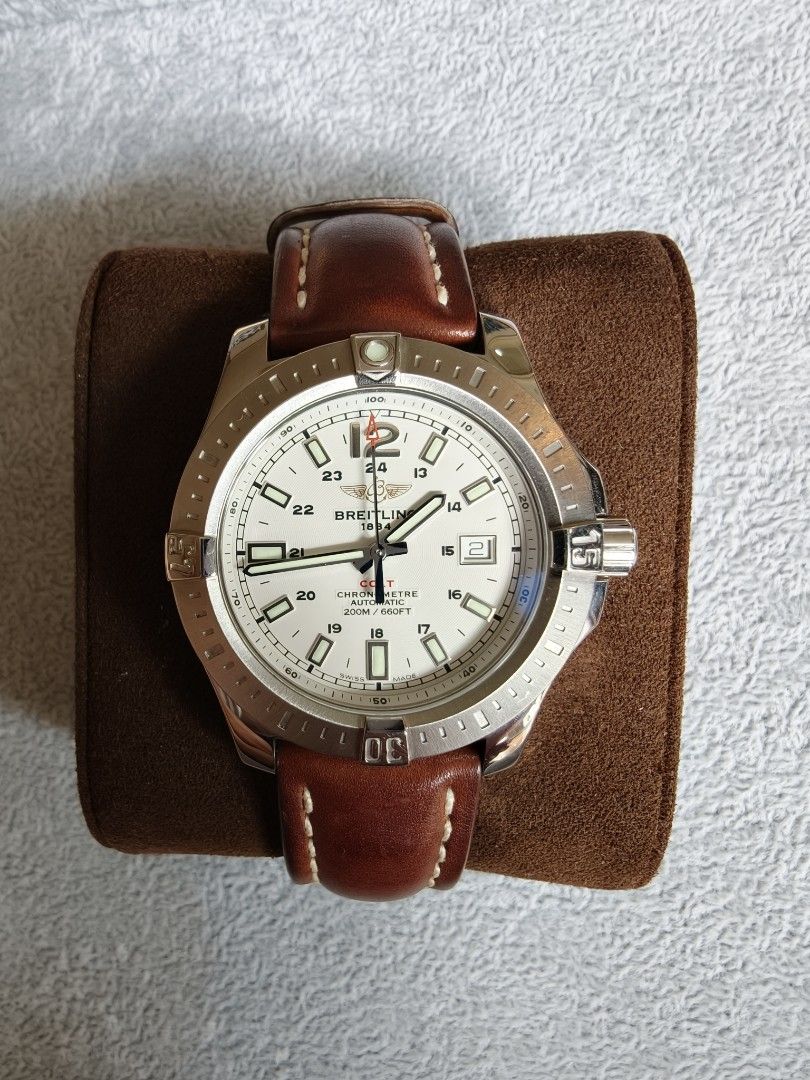 Breitling Colt Automatic 44mm white dial (Category: Luxury Watches) located in Quezon City. Submitted by rafmag2484 (Listing ID 1465698713, Image 2). Description: Breitling Colt 44mm Automatic A1738811 Brown leather strap Complete set warranty, box, case, and manual 2018 Local AD ₱125,000 ONLY! .