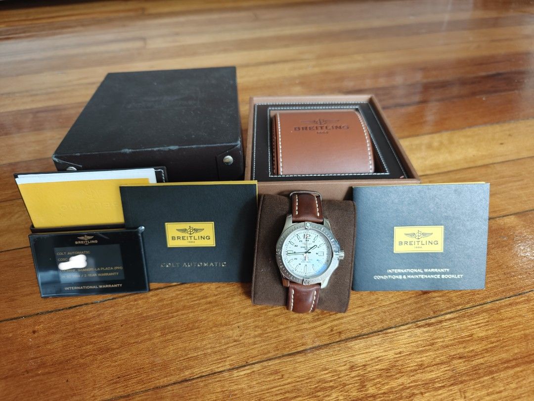 Breitling Colt Automatic 44mm white dial (Category: Luxury Watches) located in Quezon City. Submitted by rafmag2484 (Listing ID 1465698713, Image 3). Description: Breitling Colt 44mm Automatic A1738811 Brown leather strap Complete set warranty, box, case, and manual 2018 Local AD ₱125,000 ONLY! .