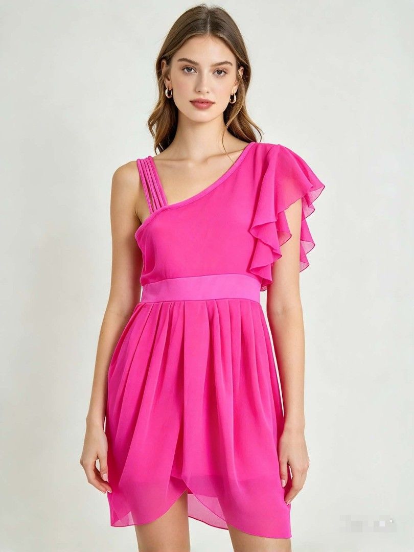 Bright Pink One-Shoulder Ruffle Mini Dress (Category: Dresses) located in Caloocan City. Submitted by mylove326 (Listing ID 1465682487, Image 1). Description: - Color: Vibrant hot pink - Design: Asymmetrical one-shoulder neckline with a dramatic ruffled sleeve and multi-strap detail - Fit: Fitted waist with a pleated, flared mini skirt and dipped hemline - Material: Lightweight chiffon-like fabric overlay - Condition: like new ndi nagamit - Perfe