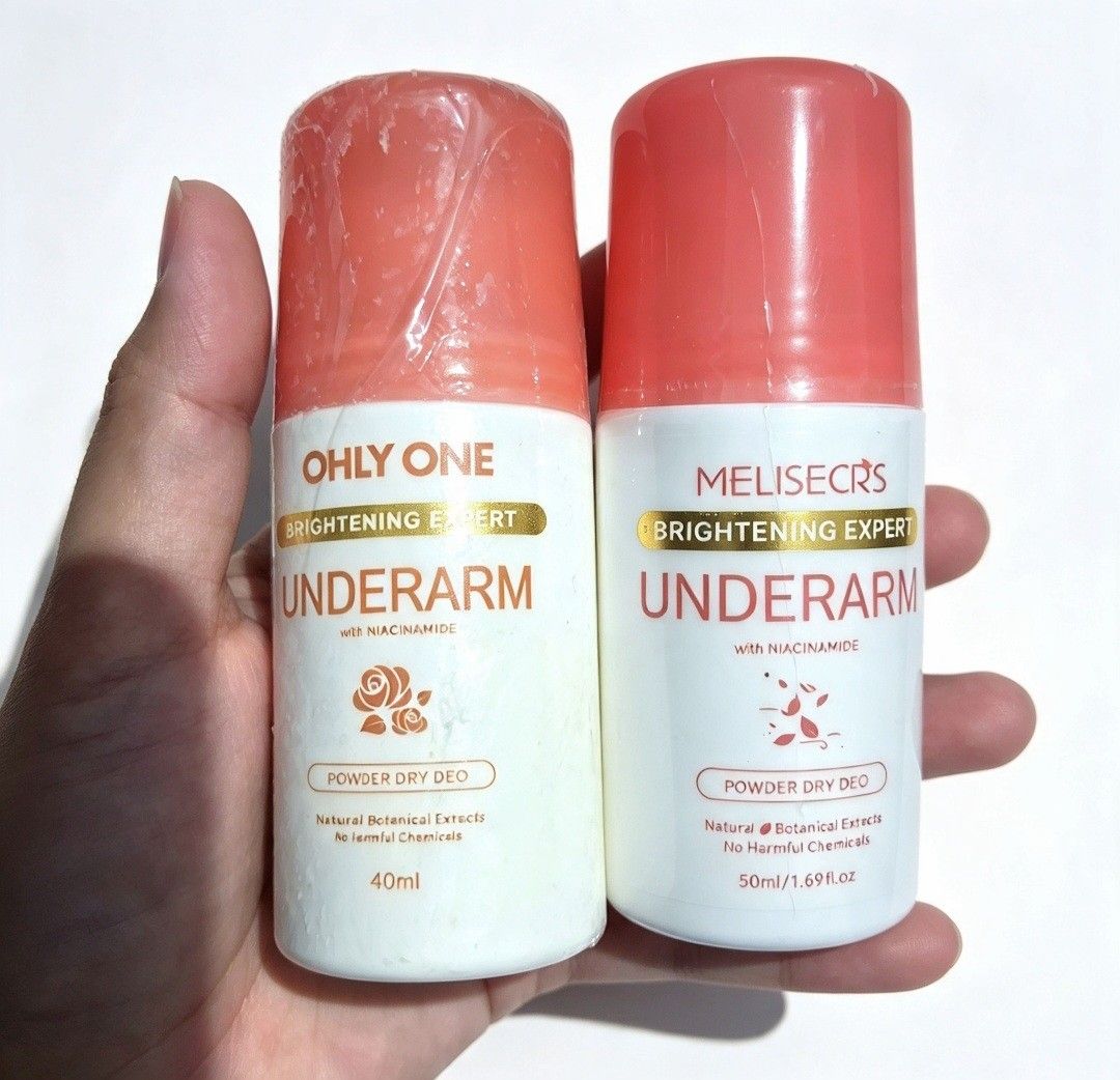 Brightening Underarm Powder Dry Deo 2pc (Category: Makeup) located in Quezon City. Submitted by ana-chan (Listing ID 1465698400, Image 1). Description: - Set of 2 popular underarm brightening powder deodorants - 1x Ohly One (40ml) | Mfg: 2025/04/10 | Exp: 2028/04/18 - 1x Melisecrs (50ml / 1.69 fl.oz) - Infused with Niacinamide and soothing natural botanical extracts - 100% safe with zero harmful chemicals - White bottles featuring red caps and el