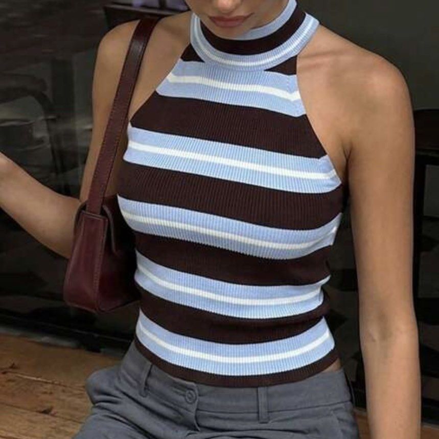 Brown & Blue Stripes Halter Top (Category: Sleeveless) located in Las Pinas. Submitted by francesca.finds (Listing ID 1465708562, Image 1). Description: - LAST PRICE - only worn once, no issues - dm me for photo when worn - 1st photo not mine.