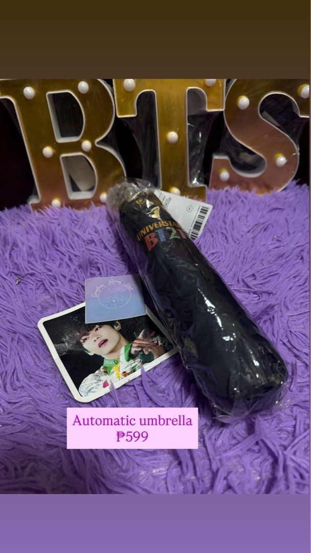 Bt21 automatic umbrella black (Category: K-Wave Merchandise) located in Pasig City. Submitted by queenv18 (Listing ID 1465597440, Image 1). Description: Onhand items in PH ready to ship merch are directly shipped from korea / taiwan / japan / us 101% legit Brandnew Plus sf .
