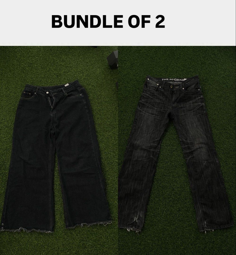 Bundle of 2 Black Denim Jeans (Category: Jeans) located in Las Pinas. Submitted by francesaly (Listing ID 1465704039, Image 1). Description: - Bundle of 2 stylish black denim jeans - Pair 1: Trendy wide-leg style with raw hem details - Pair 2: Fab. N' Gene brand with a cool distressed wash and frayed hems - Ultimate streetwear essentials - Great value bundle deal.