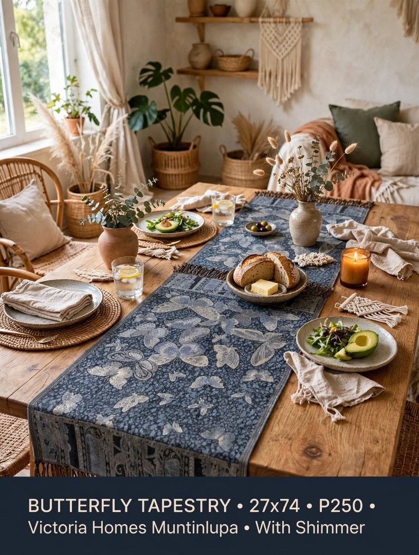 Butterfly Shimmer Tapestry Runner 27x74 - Boho Home Decor (Category: Other Home Decor) located in Manila. Submitted by journnierph (Listing ID 1465651649, Image 1). Description: 🦋 BUTTERFLY SHIMMER TAPESTRY RUNNER ✨ ₱180.00 ONLY! Ganda nito besh! May pa-shimmer / glitter effect pag tinamaan ng ilaw! ✨ Details: • Size: 27 wide x 74 length (naka-tupi sa pic kasi walang space, mahaba talaga!) • Color: Black with Silver Butterfly + Light Shimmer ✨ •