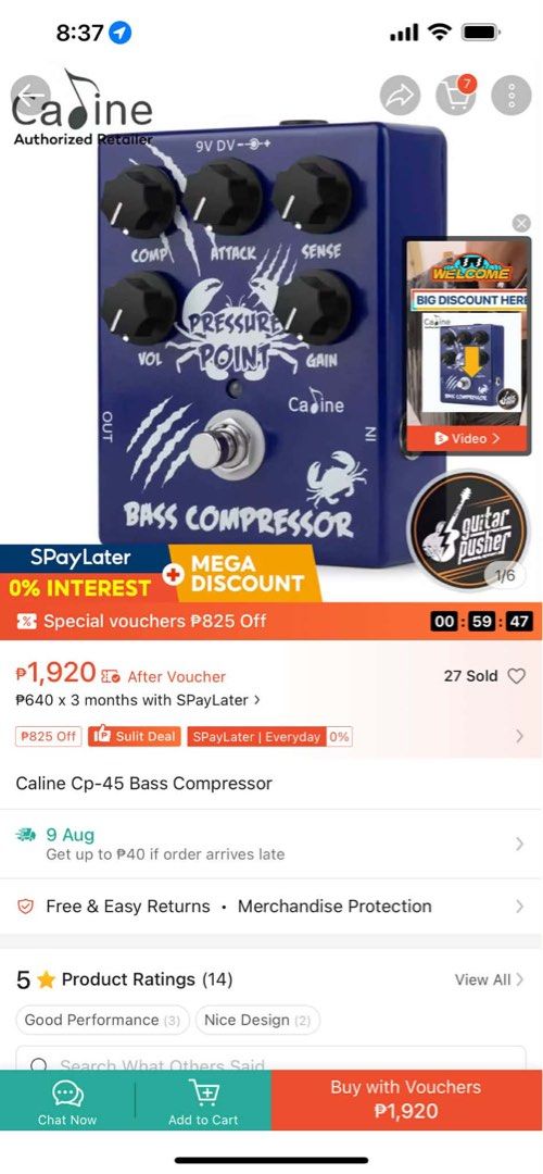 Caline CP-45 Pressure Point Bass Compressor (Category: Musical Instruments) located in Manila. Submitted by aedkid (Listing ID 1465705185, Image 3). Description: FS RUSH Used Once RFS: TANK B - Brand: Caline - Model: Pressure Point Bass Compressor - Design: Eye-catching blue enclosure with unique crab graphics - Controls: 5 knobs for comp, attack, sense, volume, and gain - Power: Runs on standard 9V DC power - Condition: Comes with original box.