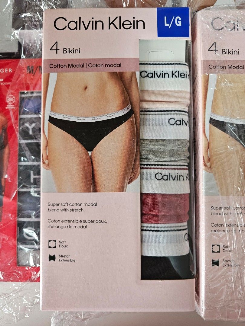CALVIN KLEIN 4-Pack Bikini - Large (Category: Undergarments & Loungewear) located in Quezon City. Submitted by senyoramaria2 (Listing ID 1465645805, Image 2). Description: CALVIN KLEIN Bikini Super soft cotton stretch Large (30.5 - 31.5 inches) 4 Pack Light Pink, Gray, Dark Pink, Black 2 boxes available #USpasabuy.