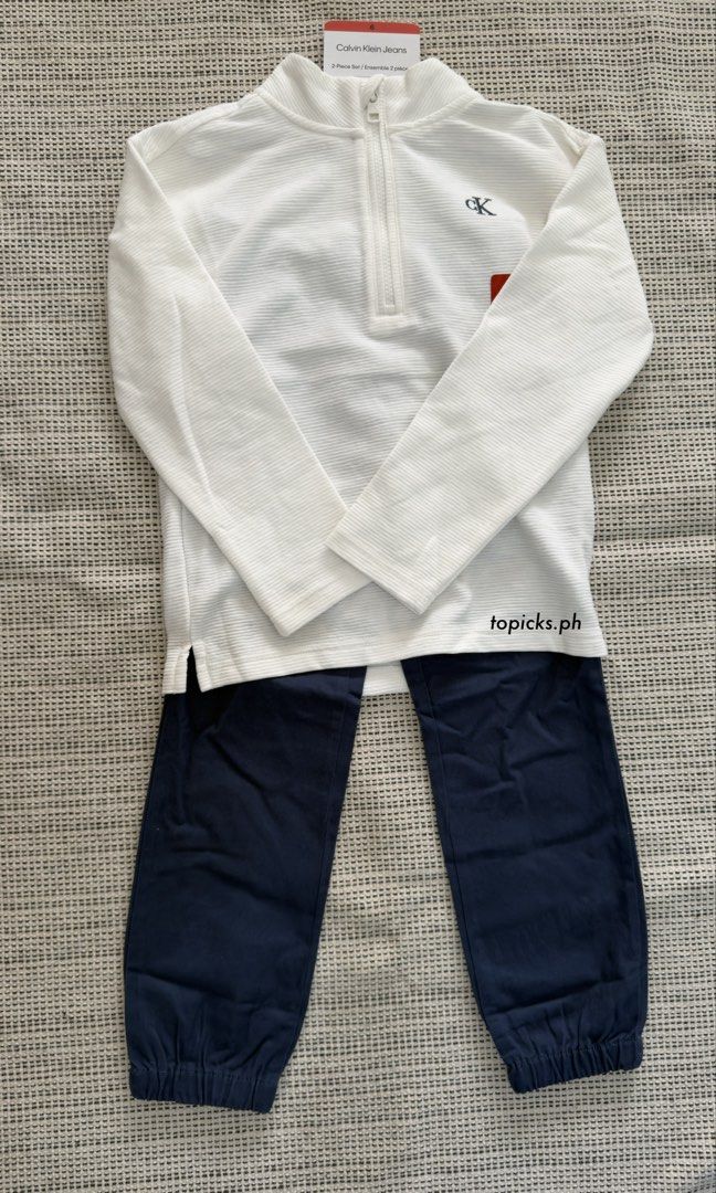 CALVIN KLEIN JEANS 2-piece set (Category: Babies & Kids Fashion) located in Malolos. Submitted by topicksph (Listing ID 1465723643, Image 2). Description: CALVIN KLEIN JEANS 2-piece set BN size 6y (w hanger) size 7y (w/out hanger) ~ not drawstring but elasticated waistband Guaranteed authentic.