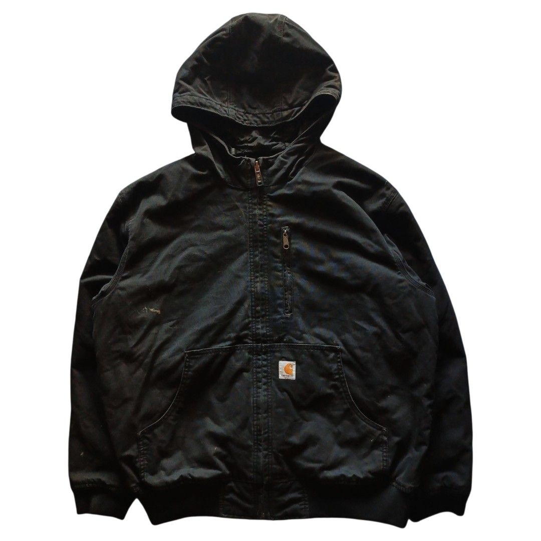 Carhartt Quick Duck 2000's (Category: Coats, Jackets and Outerwear) located in Calabanga. Submitted by bekneegear (Listing ID 1465658219, Image 1). Description: - Brand: Carhartt - Color: Blue - Size: Large - Material: Heavy cotton duck canvas - Features: Full zip closure, dual chest zip pockets, lower front pouch pockets, drawstring hood, ribbed hem and cuffs - Condition: Beater and Workwear condition - Origin: Made in Bangladesh.