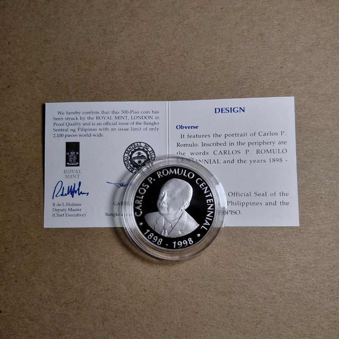 Carlos P. Romulo Centennial 500 Piso Silver Proof Coin (Category: Currency) located in Tagbilaran City. Submitted by bennycollectibles (Listing ID 1465740414, Image 2). Description: •92.5%/ 28.28g/ 38.60mm •Free Shipping.