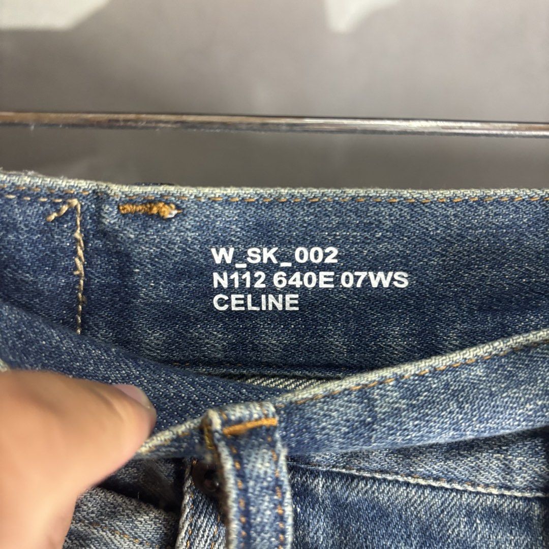 Celine Blue Denim Jeans (Category: Jeans) located in Cavite. Submitted by goodstayojan.cvt (Listing ID 1465722519, Image 3). Description: Celine - Skinny Washed Denim Pants 24 on tag(13 x 40.5sideseam x 30.5inseam x 8thigh x 9front rise x 5leg opening) Verygood - Excellent Condition No flaws! - Brand: Celine - Style: Straight leg, mid-wash denim with subtle front fading - Details: Button fly, zip closure, tan leather back patch, standard belt loo