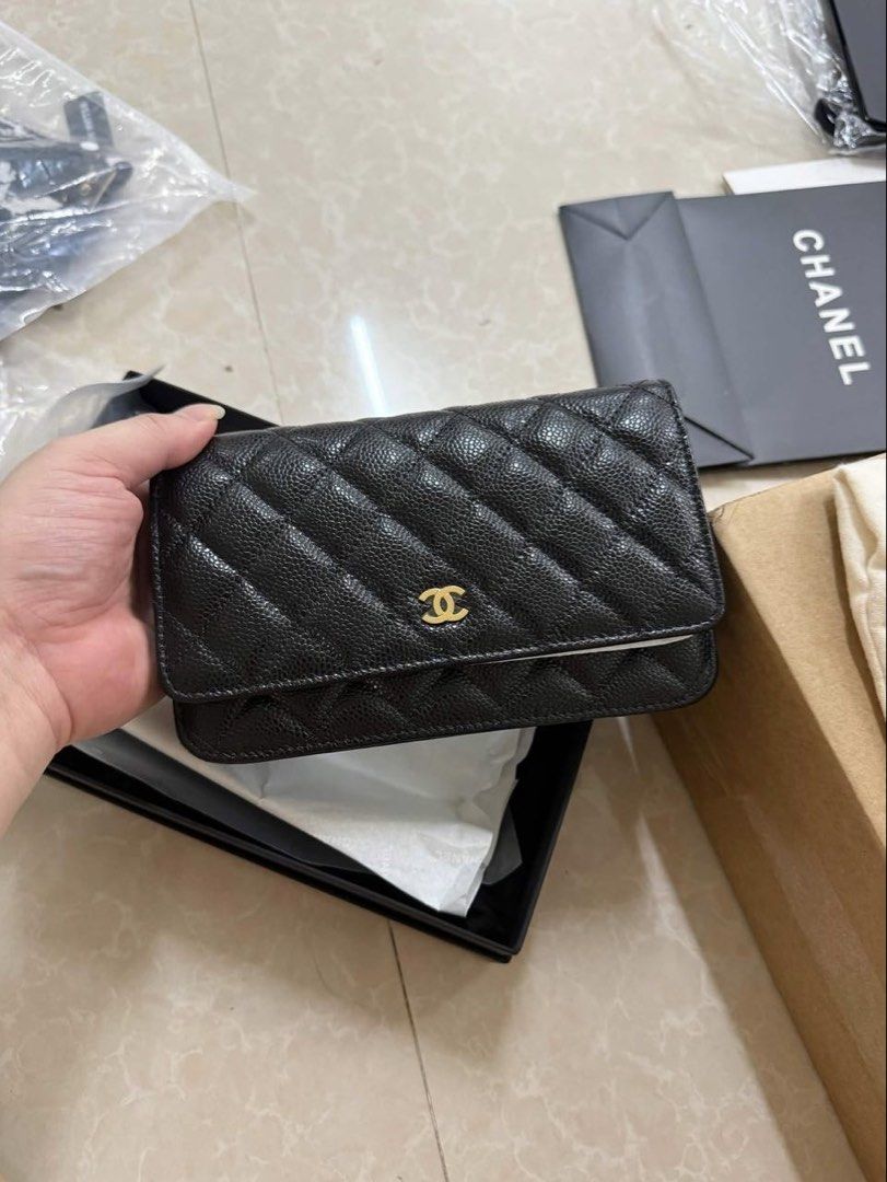 Chanel WOC Gold Hardware (Category: Cross-body Bags) located in Manila. Submitted by zzzoki (Listing ID 1465727187, Image 2). Description: V close to og Bought from the bag whisperer With: Dust bag Box Freebie- bag support insert.
