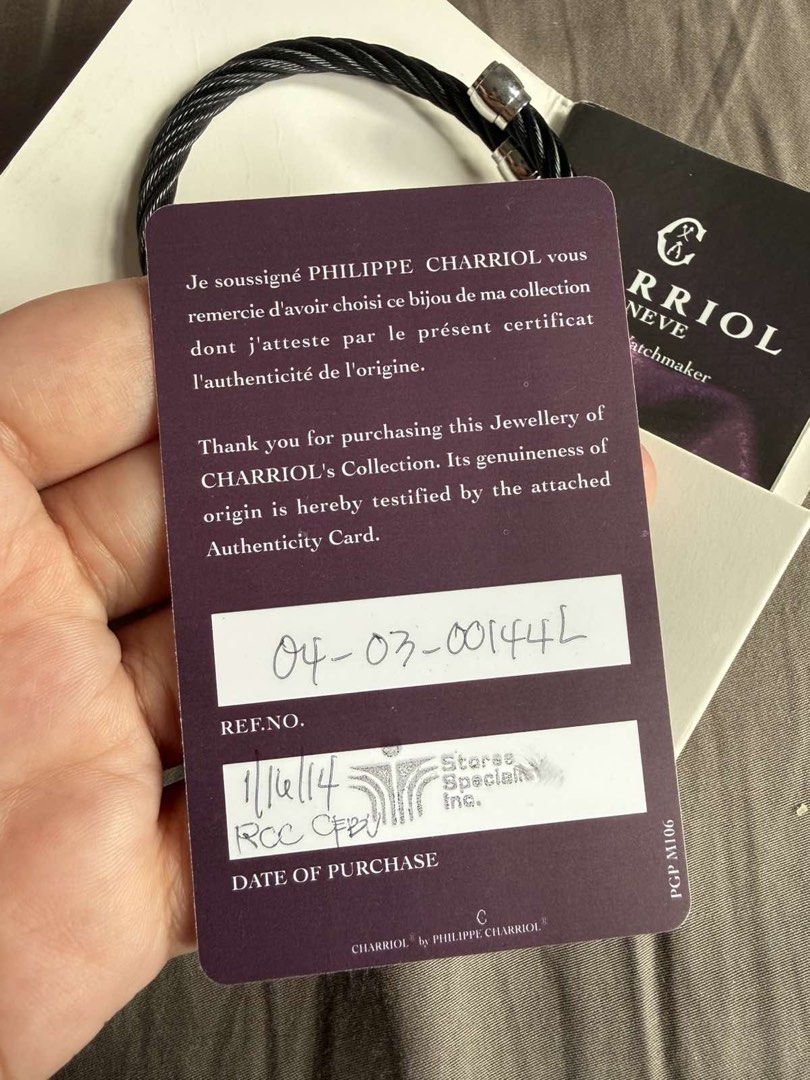 Charriol Black Cable Bracelet with Certificate Box (Category: Bracelets) located in Quezon City. Submitted by ellamenopi (Listing ID 1465587987, Image 3). Description: - Authentic Charriol black twisted cable bracelet - Stainless steel end caps with engraved logo detail - Includes original authenticity card from Stores Specialists Inc (SSI) dated 1/16/14 - Comes with matching official box - Perfect for daily wear or gifting - DM for more details 