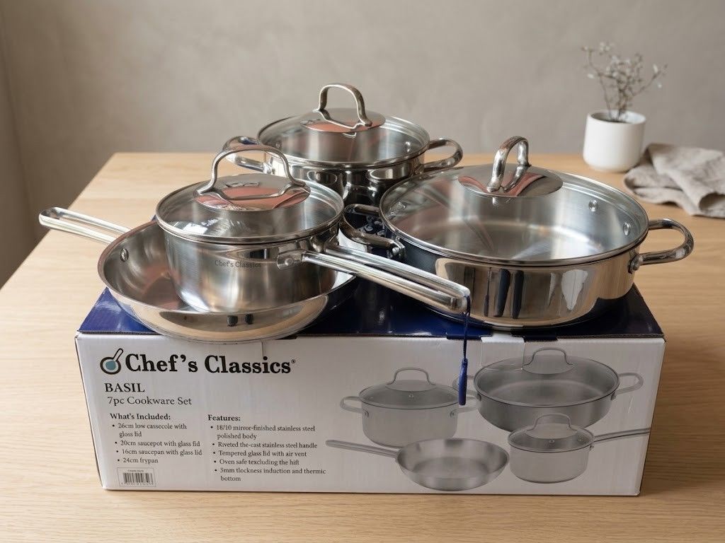 Chef's Classics Basil 7pc Cookware Set Stainless Steel (Category: Cookware & Accessories) located in Cavite. Submitted by ambersaints (Listing ID 1465632709, Image 1). Description: - Brand: Chef's Classics Basil 7-piece Cookware Set - Condition: Brand new, unopened in original box packaging - Material: Premium 18/10 mirror-finished stainless steel with 3mm induction thermic bottom - Handles & Lids: Riveted cast stainless steel handles and tempere