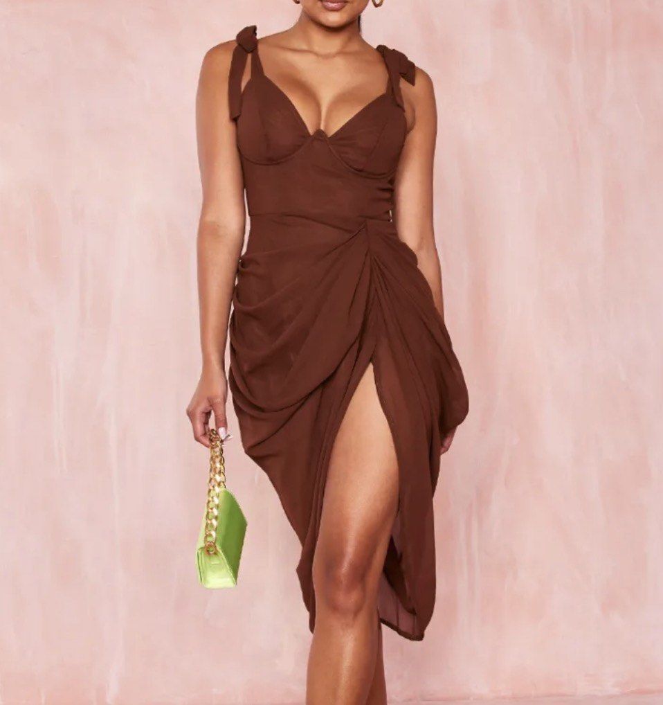 Chocolate brown ruched midi dress with tie straps (Category: Dresses) located in Manila. Submitted by janiniii (Listing ID 1465658421, Image 2). Description: used once..