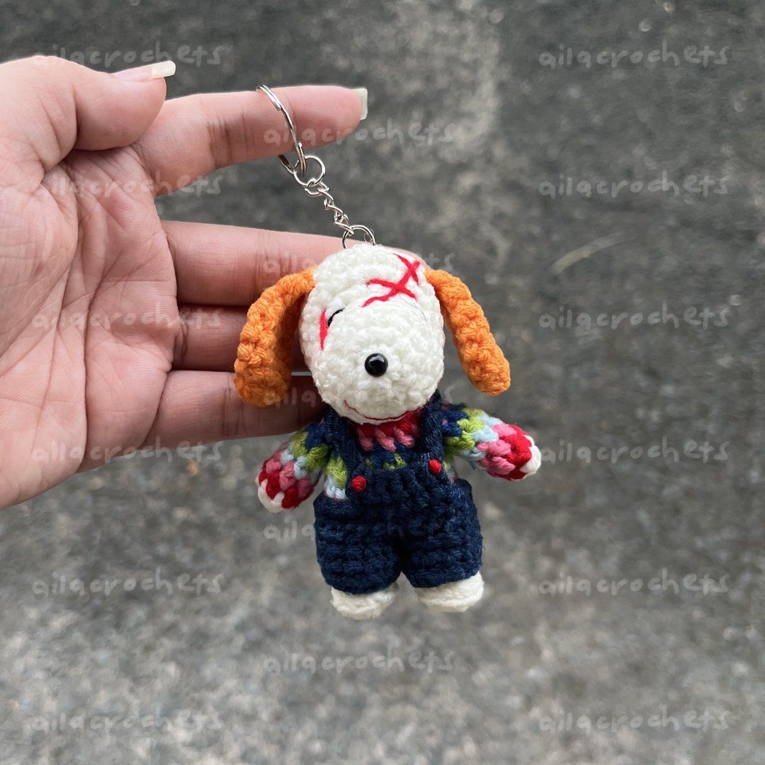 Chucky & Pennywise - Halloween Snoopy crochet keychains (Category: Handmade Craft) located in Pasig City. Submitted by ailacrochets (Listing ID 1465678286, Image 2). Description: – available in milk cotton (₱350 ea) and thin bear chenille (₱400) – around 4 inches in height – open for customization (50% dp required) mop: gcash, maya, maribank mod: j&t, gogo xpress, lalamove/grab 📍 pasig.