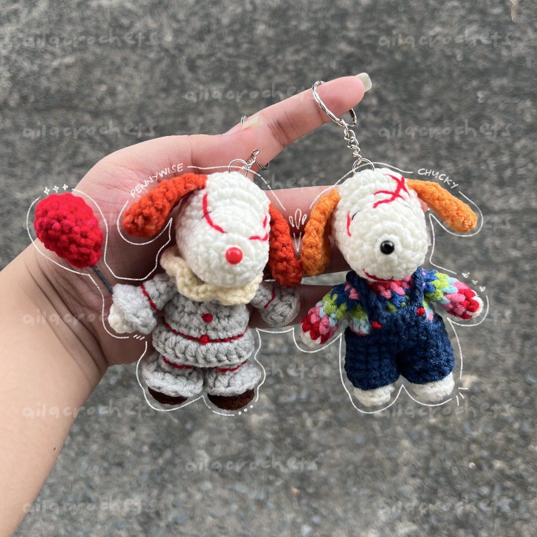 Chucky & Pennywise - Halloween Snoopy crochet keychains (Category: Handmade Craft) located in Pasig City. Submitted by ailacrochets (Listing ID 1465678286, Image 1). Description: – available in milk cotton (₱350 ea) and thin bear chenille (₱400) – around 4 inches in height – open for customization (50% dp required) mop: gcash, maya, maribank mod: j&t, gogo xpress, lalamove/grab 📍 pasig.
