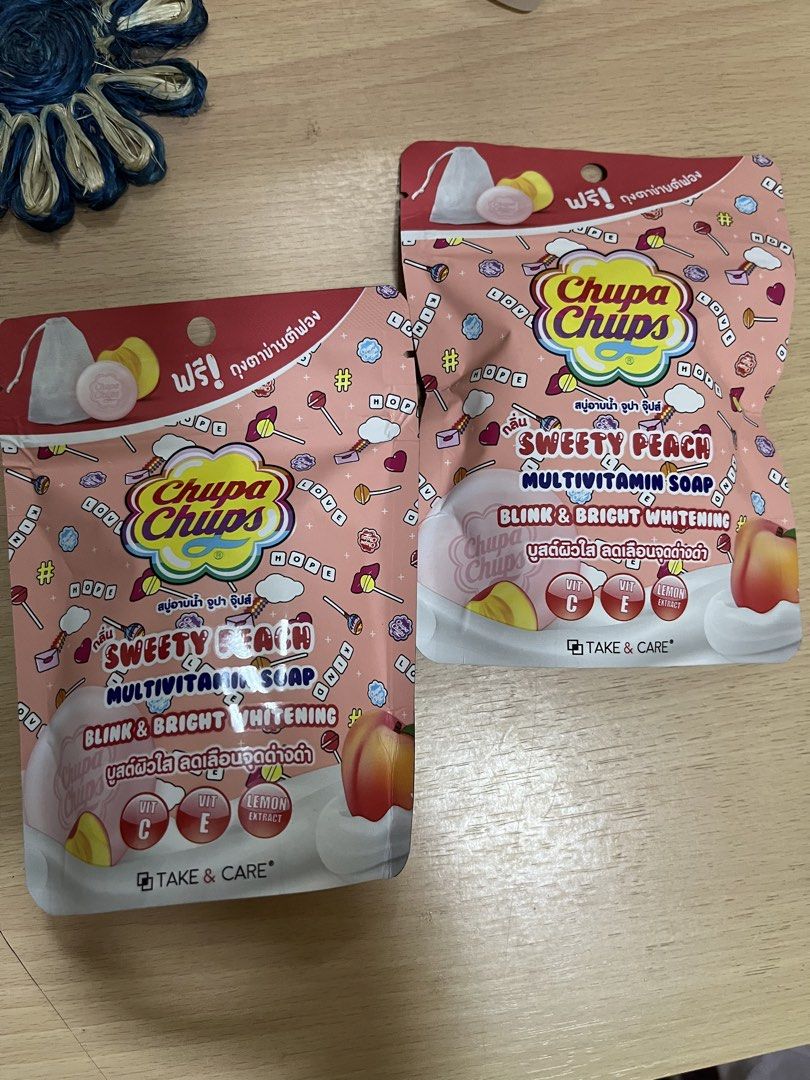 Chupa Chups Sweety Peach Multivitamin Soap (Category: Bath) located in Makati City. Submitted by nel_nel01 (Listing ID 1465679650, Image 1). Description: Get glowing, brighter skin with this bundle of two 80g Chupa Chups Sweety Peach multivitamin soaps from Thailand. Packed with fruit extracts and vitamins A, C, E, and B3, it's free from harsh chemicals like SLS and parabens. Each pack even comes with a free foaming mesh bag! Mfg: 03/2023, Exp: 0