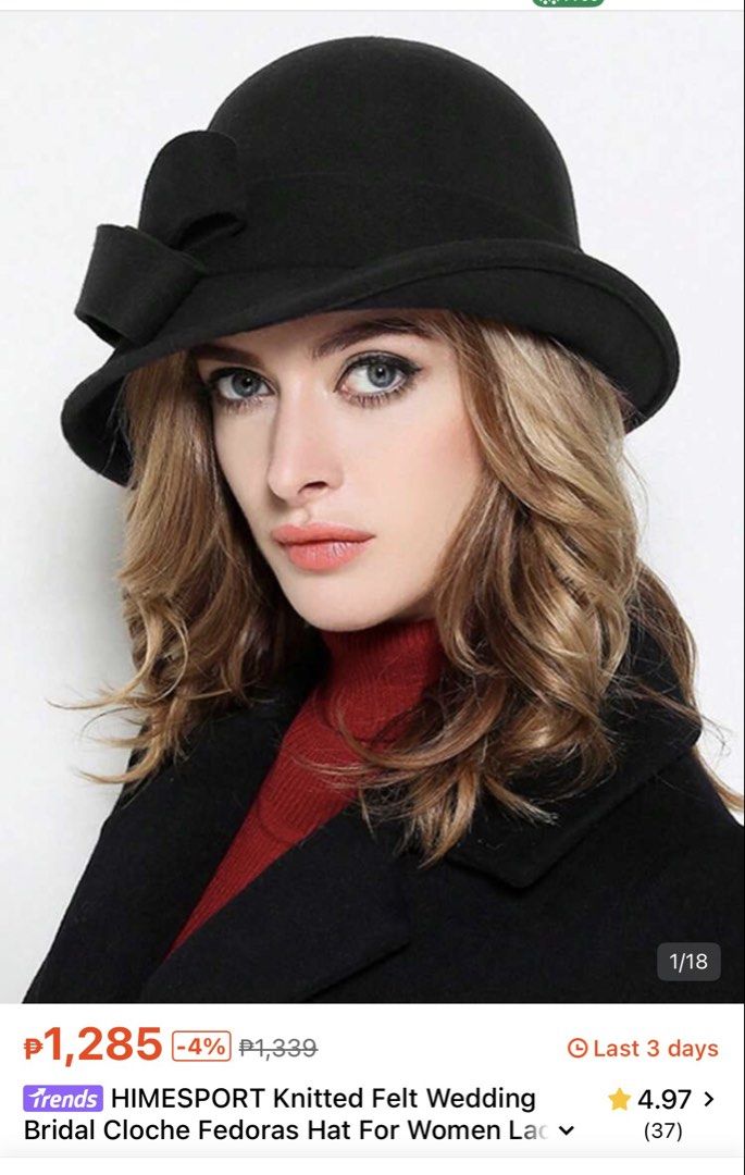 Classic Black Cloche Hat with Bow (Category: Hats & Beanies) located in Pasig City. Submitted by jnzmrq1003 (Listing ID 1465600671, Image 1). Description: - Color: Black - Material: Soft wool texture - Design: Rounded crown with a big side bow for a vintage vibe - Season: Ideal for autumn and winter - Fit: Standard fit that covers the head nicely.