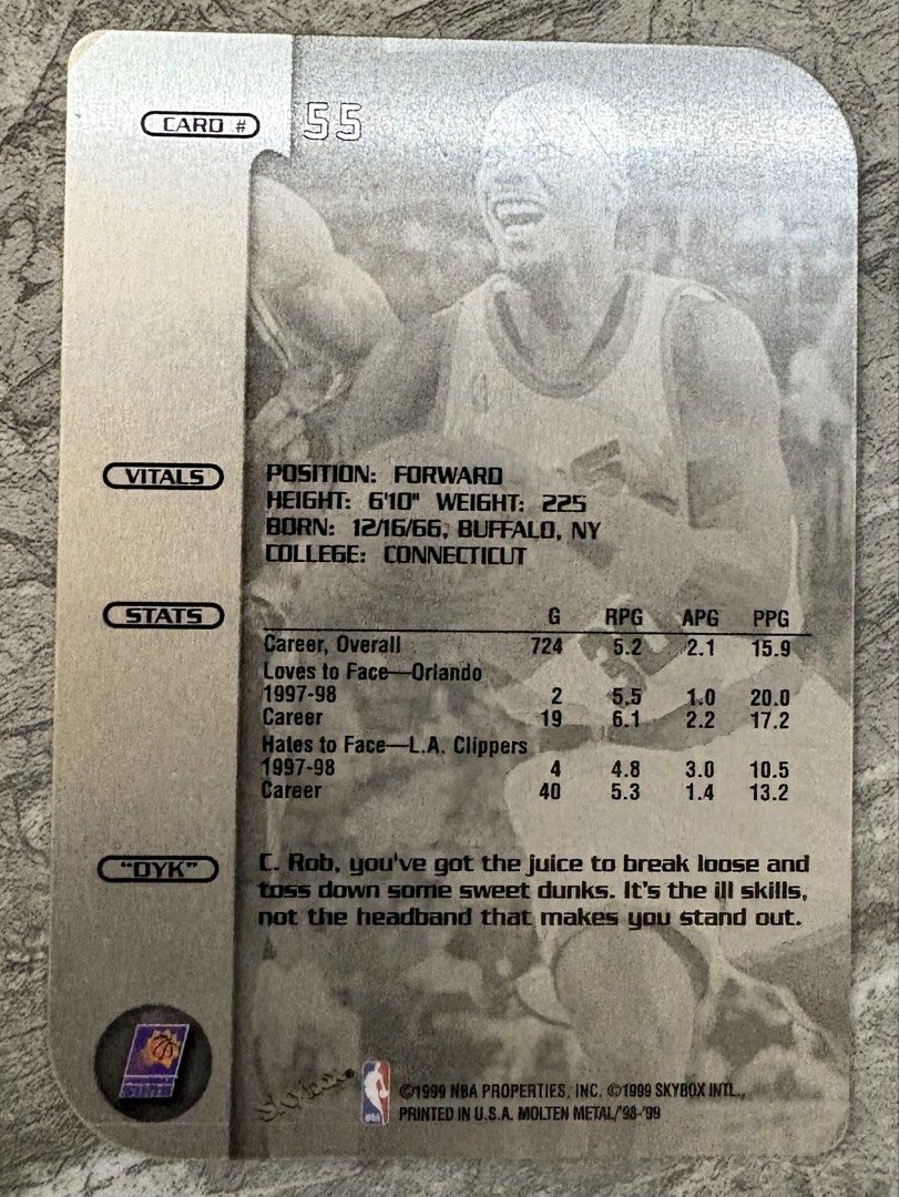Clifford Robinson (Category: Raw Singles) located in Manila. Submitted by steadycards80 (Listing ID 1465592833, Image 2). Description: - Player: Clifford Robinson (Phoenix Suns) - Set: 1998-99 SkyBox Molten Metal - Card Number: 55 - Front: Action shot driving against the Vancouver Grizzlies - Back: Career statistics and player vitals - Condition: Stored well, perfect for 90s NBA hoops collectors.