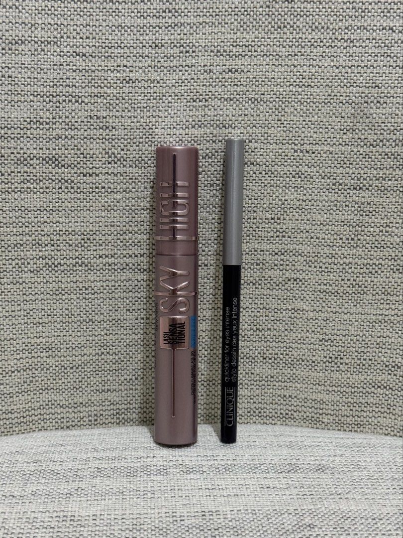clinique eyeliner + maybelline mascara (Category: Makeup) located in Muntinlupa City. Submitted by konmaried (Listing ID 1465619077, Image 1). Description: RFS: purchased these to do my own makeup for a wedding but ended up getting a makeup artist 😅 tags: maybelline sky high mascara, clinique eyeliner.