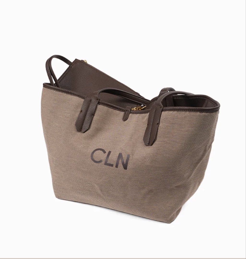 CLN Kellyns Tote Bag Brown (Category: Tote Bags) located in Cebu City. Submitted by iamish_items (Listing ID 1465706440, Image 3). Description: - Brand: CLN - Model: Kellyns Tote Bag - Color: Rich brown - Condition: Brand new with store tags attached, handles still wrapped in original paper - Design: Reversible (textured faux leather on one side, canvas with large CLN logo on the other) - Inclusions: Matching inner pouch with zip closure - Featur