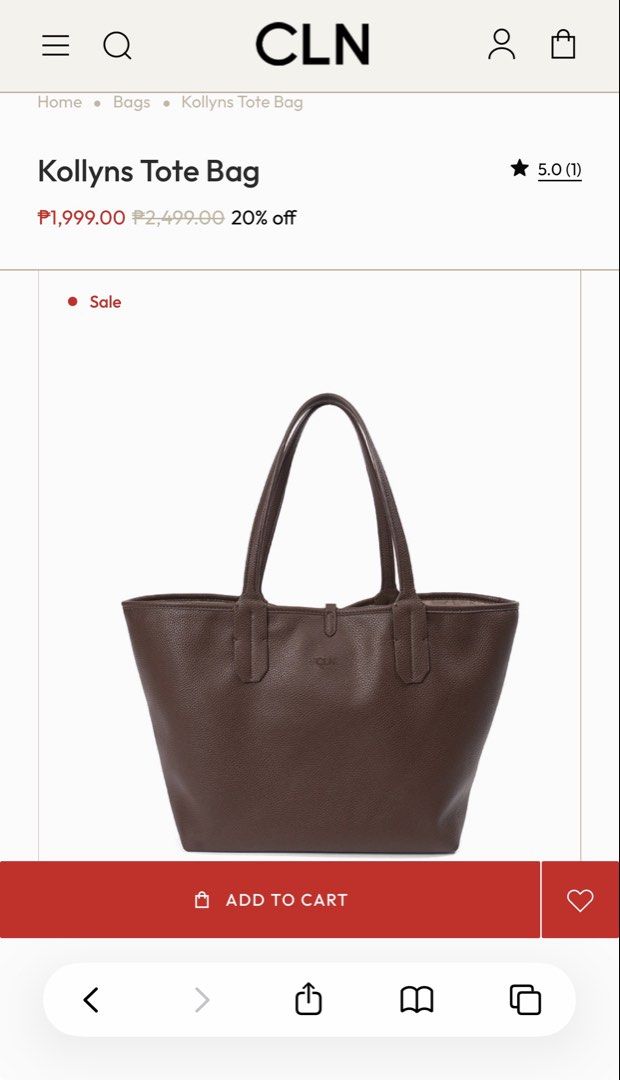 CLN Kellyns Tote Bag Brown (Category: Tote Bags) located in Cebu City. Submitted by iamish_items (Listing ID 1465706440, Image 2). Description: - Brand: CLN - Model: Kellyns Tote Bag - Color: Rich brown - Condition: Brand new with store tags attached, handles still wrapped in original paper - Design: Reversible (textured faux leather on one side, canvas with large CLN logo on the other) - Inclusions: Matching inner pouch with zip closure - Featur