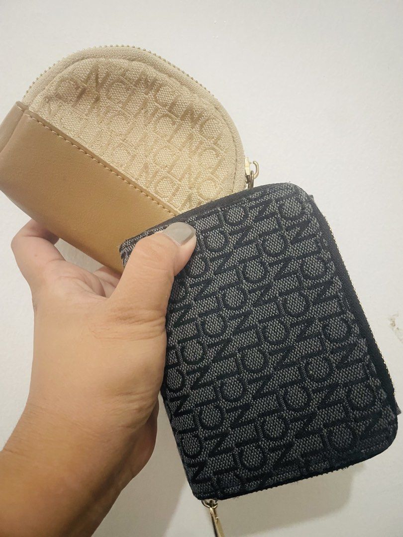 CLN Monogram Wallet and Coin Purse Set (Category: Wallets & Card holders) located in Antipolo. Submitted by emillauren (Listing ID 1465588220, Image 2). Description: - Brand: CLN (2-piece set) - Dark grey folding wallet with monogram print and gold hardware - Wallet features multiple card slots and inner compartments - Matching beige and tan half-moon coin purse with zip closure - Monogram fabric texture with smooth faux leather base - Both items