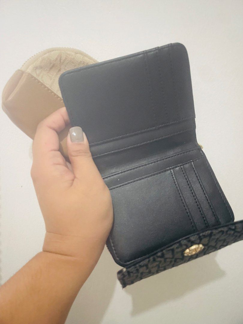 CLN Monogram Wallet and Coin Purse Set (Category: Wallets & Card holders) located in Antipolo. Submitted by emillauren (Listing ID 1465588220, Image 3). Description: - Brand: CLN (2-piece set) - Dark grey folding wallet with monogram print and gold hardware - Wallet features multiple card slots and inner compartments - Matching beige and tan half-moon coin purse with zip closure - Monogram fabric texture with smooth faux leather base - Both items