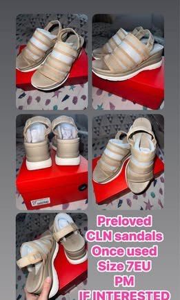 CLN Sandals Butterscotch Size 37 Wedge (Category: Flats & Sandals) located in Valenzuela. Submitted by kayzelle (Listing ID 1465651013, Image 1). Description: - Brand: CLN - Style: Wedge sandals with multi-strap mesh design and stretchy back strap - Color: Butterscotch nude (beige and white platform sole) - Size: 37 EU - Condition: Worn only once, like new - Inclusion: Original red shoe box with label included.