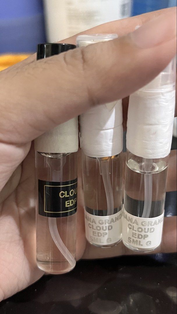 Cloud Ariana Grande 15ml (three 5mls) EDP decants (Category: Fragrance & Deodorants) located in Manila. Submitted by faith.dclttrs1484 (Listing ID 1465589098, Image 1). Description: Cloud by Ariana Grande is a creamy, and warm floral fruity gourmand fragrance for women. • Top Notes: Lavender blossom, juicy pear, and bergamot. • Middle (Heart) Notes: Crème de coconut (whipped cream/coconut), indulgent praline, and vanilla orchid. • Base Notes: Sen