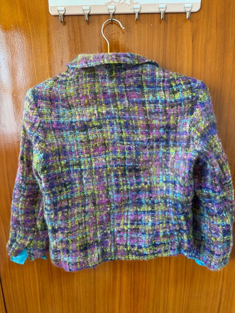 Colorful Tweed Blazer Button Jacket (Category: Coats, Jackets and Outerwear) located in Caloocan City. Submitted by mylove326 (Listing ID 1465683062, Image 3). Description: - Multi-colored tweed jacket featuring stunning purple, green, and blue tones - Textured fabric with a classic lapel collar and decorative gold-tone front buttons - Long sleeves with a fully lined bright blue interior - Stylish statement piece ideal for cooler weather -Size-Sm