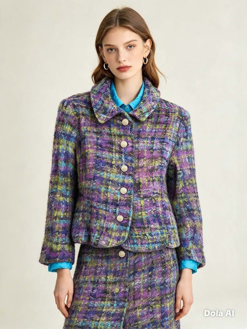 Colorful Tweed Blazer Button Jacket (Category: Coats, Jackets and Outerwear) located in Caloocan City. Submitted by mylove326 (Listing ID 1465683062, Image 1). Description: - Multi-colored tweed jacket featuring stunning purple, green, and blue tones - Textured fabric with a classic lapel collar and decorative gold-tone front buttons - Long sleeves with a fully lined bright blue interior - Stylish statement piece ideal for cooler weather -Size-Sm