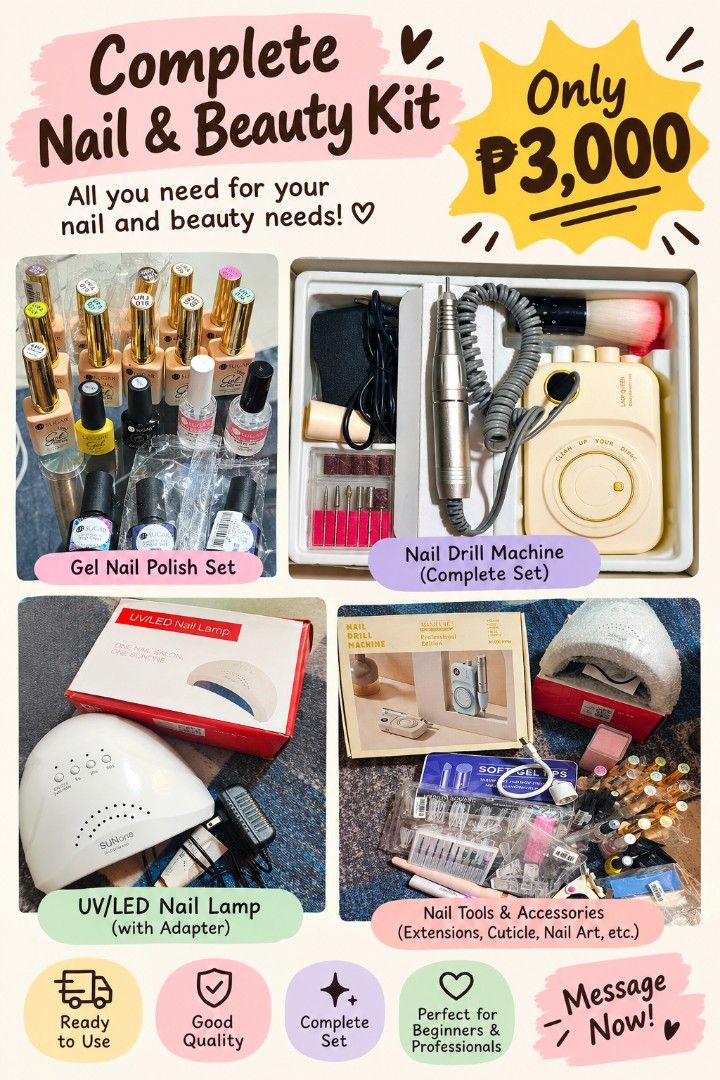COMPLETE NAIL TECH STARTER PACK 💅 (Category: Hands & Nails) located in Caloocan City. Submitted by g.collections (Listing ID 1465593349, Image 1). Description: - Complete home nail and beauty set for only ₱3,000 - Includes UV/LED nail lamp with power adapter - Electric nail drill machine with complete bits - Extensive gel nail polish set and soft gel tips - Various nail art tools and accessories included - Ideal for DIY home manicures or startin