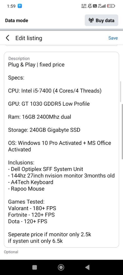 Computer set (Category: Desktops) located in Santa Rosa. Submitted by purewolf_a07da0 (Listing ID 1465625569, Image 2). Description: - Complete Plug and Play Desktop Setup - Intel i5-7400 CPU - GT 1030 GPU - 16GB RAM - 240GB SSD for fast boot - Windows 10 Pro & MS Office activated - 27-inch 144Hz Nvision Monitor - Free keyboard and mouse included - Tested and smooth on Valorant, Fortnite, and Dota - Separate purchase options available for system 
