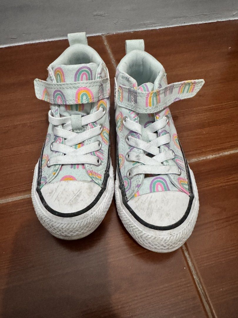 Converse & Nike Kids Shoes Bundle Size 11 & 12C (Category: Babies & Kids Fashion) located in Manila. Submitted by ivy110201 (Listing ID 1465665803, Image 2). Description: - Bundle includes 2 pairs of pre-loved kids shoes - Converse High Tops with colorful rainbow pattern (US Size 11) (used once) - Nike Air Max sneakers in white/pink with easy velcro strap (US Size 12C) - Ideal and durable option for everyday school or playground use.