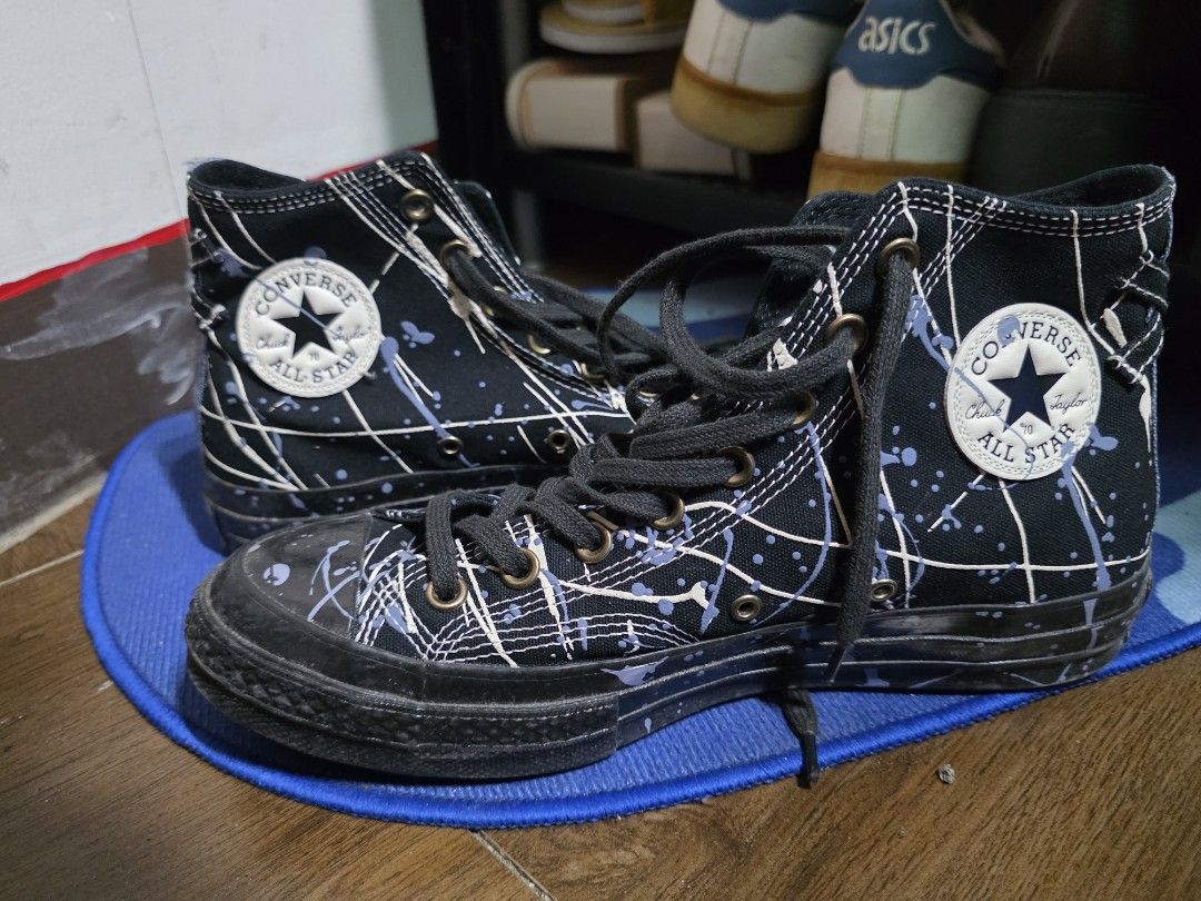 Converse Chuck 70 High Paint Splatter Black Size 8 (Category: Sneakers) located in Manila. Submitted by liveowl-c72e (Listing ID 1465622710, Image 2). Description: - Brand: Converse Chuck 70 High-Top NO BOX - Design: Black canvas with unique white and blue paint splatter details - Size: Men's US 8 / Women's US 10 / EUR 41.5 - Features: Classic rubber toe cap, signature All Star ankle patch - Origin: Made in Vietnam - Condition/Vibe: Perfect state