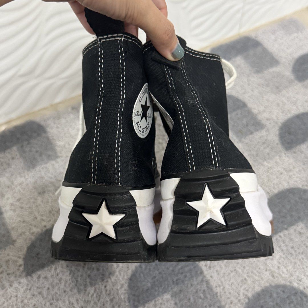 Converse Run Star Hike High Black White (Category: Sneakers) located in Cagayan de Oro. Submitted by kheyx (Listing ID 1465654542, Image 2). Description: - Brand: Converse - Style: High Top Platform Sneakers with chunky lugged sole - Color: Classic Black and White - Size: US Women 5 / UK 3 / EUR 35.5 - Details: Star detail on heel, white laces, style code 166800C, made in Vietnam - Condition: Normal wear on laces and soles, still lots of life lef