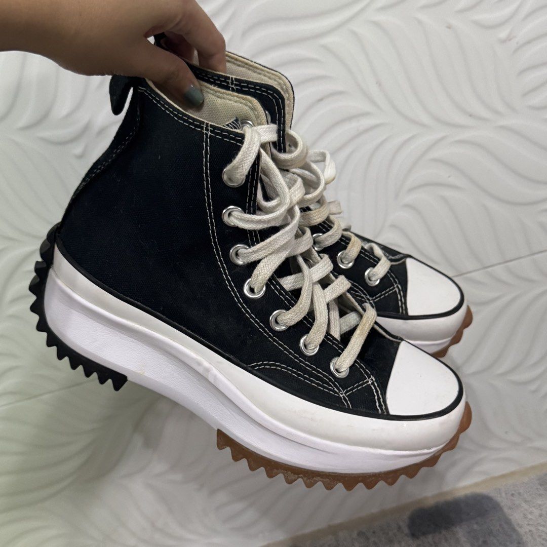 Converse Run Star Hike High Black White (Category: Sneakers) located in Cagayan de Oro. Submitted by kheyx (Listing ID 1465654542, Image 3). Description: - Brand: Converse - Style: High Top Platform Sneakers with chunky lugged sole - Color: Classic Black and White - Size: US Women 5 / UK 3 / EUR 35.5 - Details: Star detail on heel, white laces, style code 166800C, made in Vietnam - Condition: Normal wear on laces and soles, still lots of life lef