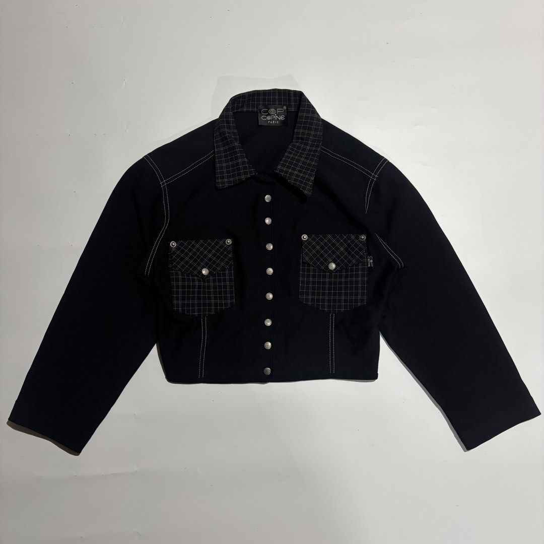 Cop Copine Paris Black Plaid Crop Top Jacket (Category: Coats, Jackets and Outerwear) located in Cebu City. Submitted by kidfrom6000 (Listing ID 1465749925, Image 1). Description: - Brand: Cop Copine Paris - Style: Vintage black crop top with a unique aesthetic - Details: Plaid pointed collar, dual front flap pockets, contrast white topstitching, and silver-tone floral snap buttons - Measurements: Pit-to-pit ~17 inches, Length ~17 inches - Condit
