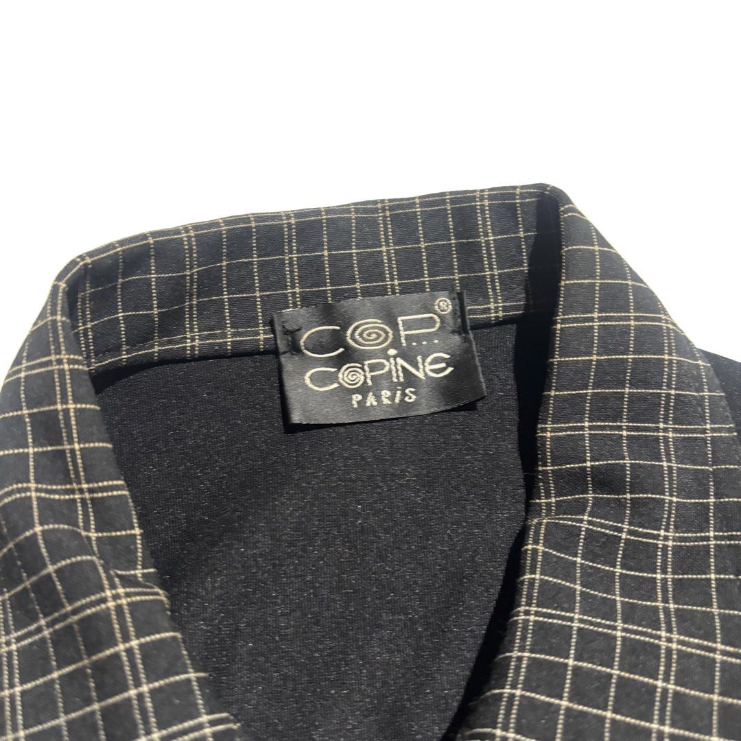 Cop Copine Paris Black Plaid Crop Top Jacket (Category: Coats, Jackets and Outerwear) located in Cebu City. Submitted by kidfrom6000 (Listing ID 1465749925, Image 3). Description: - Brand: Cop Copine Paris - Style: Vintage black crop top with a unique aesthetic - Details: Plaid pointed collar, dual front flap pockets, contrast white topstitching, and silver-tone floral snap buttons - Measurements: Pit-to-pit ~17 inches, Length ~17 inches - Condit