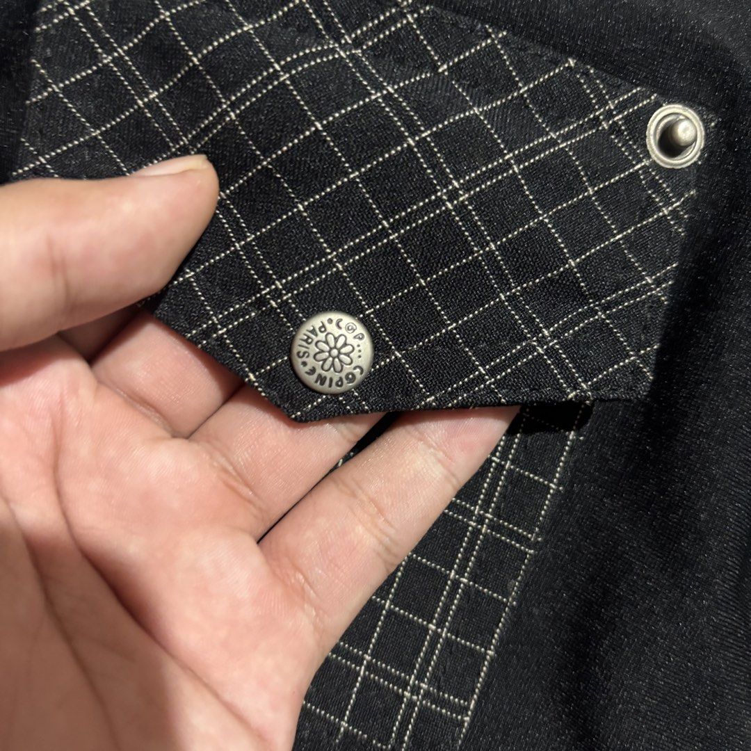 Cop Copine Paris Black Plaid Crop Top Jacket (Category: Coats, Jackets and Outerwear) located in Cebu City. Submitted by kidfrom6000 (Listing ID 1465749925, Image 2). Description: - Brand: Cop Copine Paris - Style: Vintage black crop top with a unique aesthetic - Details: Plaid pointed collar, dual front flap pockets, contrast white topstitching, and silver-tone floral snap buttons - Measurements: Pit-to-pit ~17 inches, Length ~17 inches - Condit