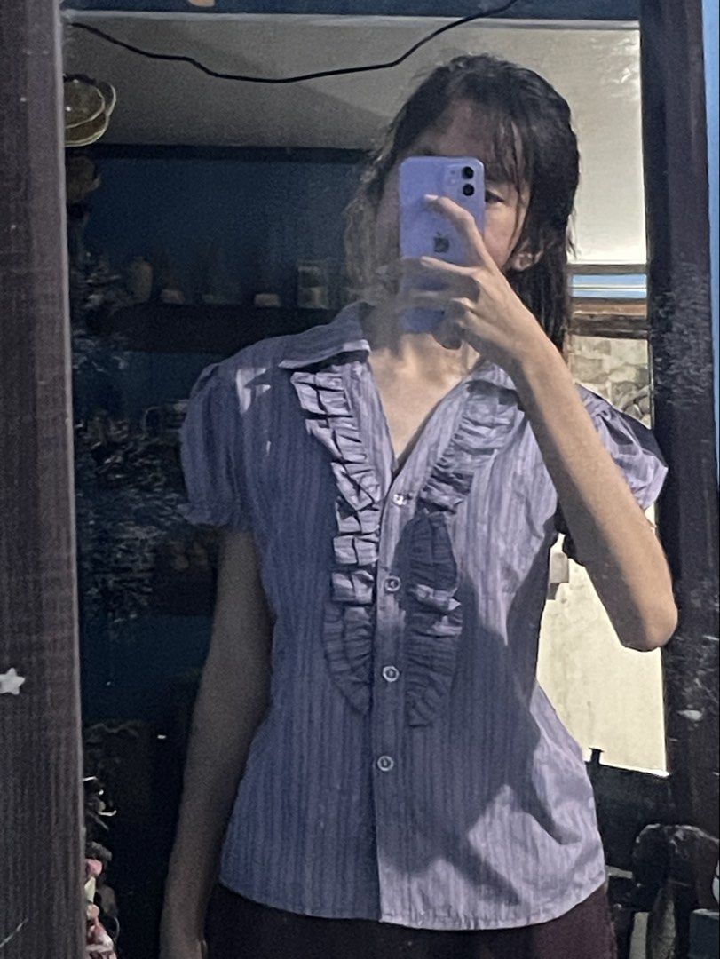 Coquette / Retro Purple Pinstripe Ruffled Button-Down Blouse (Category: Blouses) located in Manila. Submitted by by.eyii (Listing ID 1464906871, Image 3). Description: size xs to s.