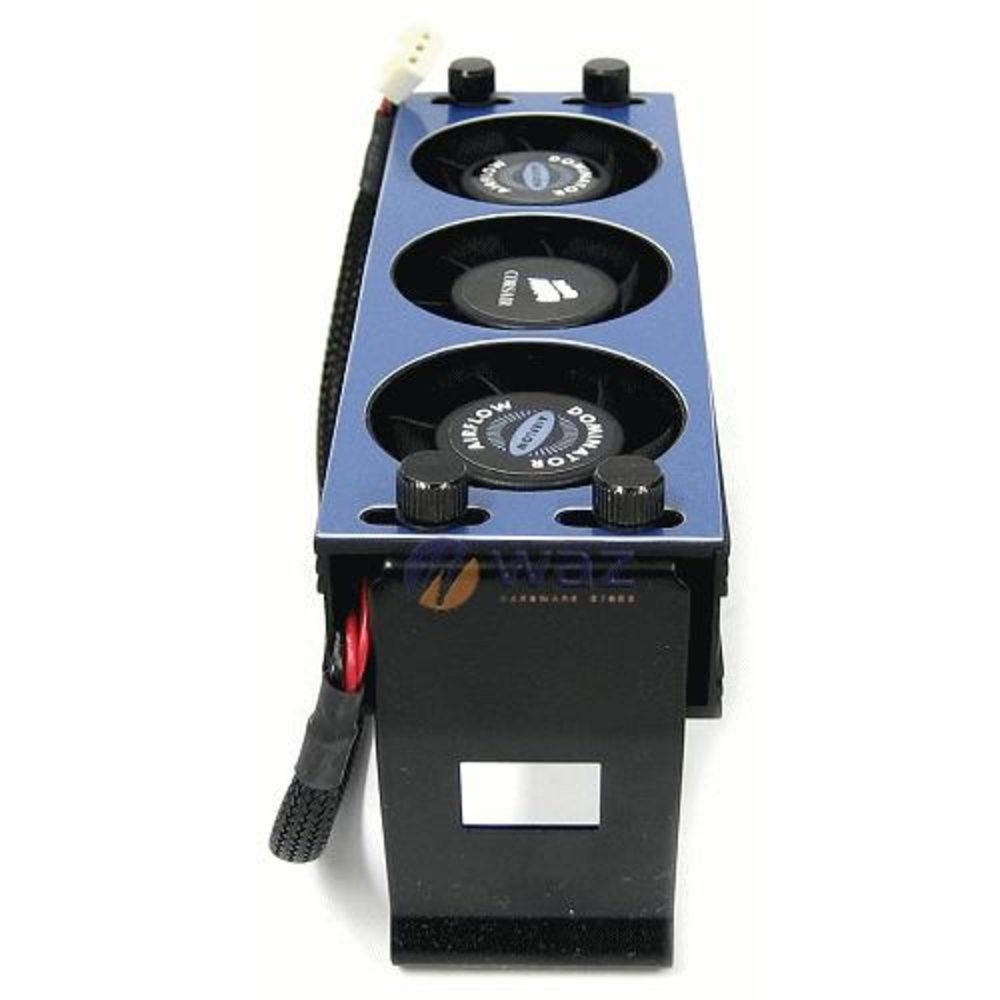 CorsAir Dominator (Category: Other Accessories) located in Quezon City. Submitted by masterv26 (Listing ID 1465665751, Image 2). Description: The pictured device is a Corsair Dominator Airflow active memory cooling fan (model CMXAF1), designed to mount directly over desktop RAM modules to lower temperatures during heavy use or overclocking. It features a black aluminum housing with a blue accent stripe, integrated mounting brackets that clip onto