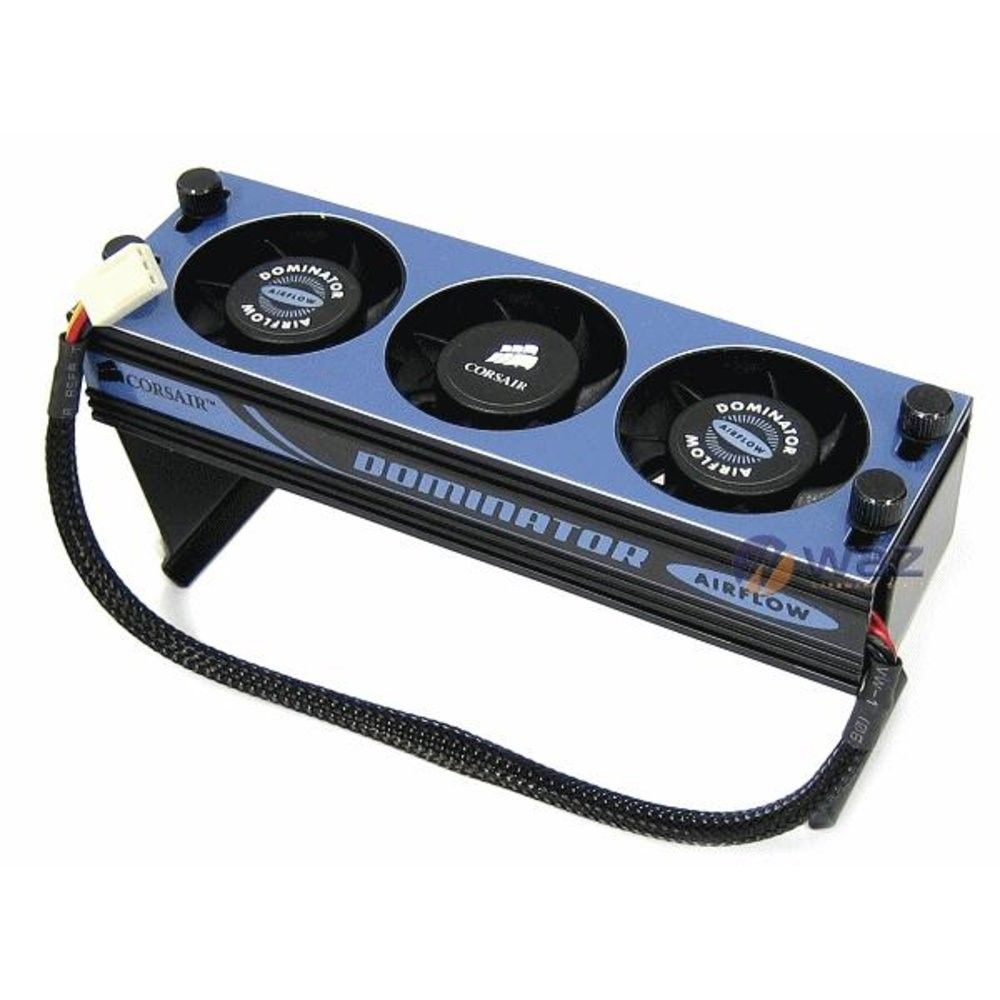 CorsAir Dominator (Category: Other Accessories) located in Quezon City. Submitted by masterv26 (Listing ID 1465665751, Image 3). Description: The pictured device is a Corsair Dominator Airflow active memory cooling fan (model CMXAF1), designed to mount directly over desktop RAM modules to lower temperatures during heavy use or overclocking. It features a black aluminum housing with a blue accent stripe, integrated mounting brackets that clip onto
