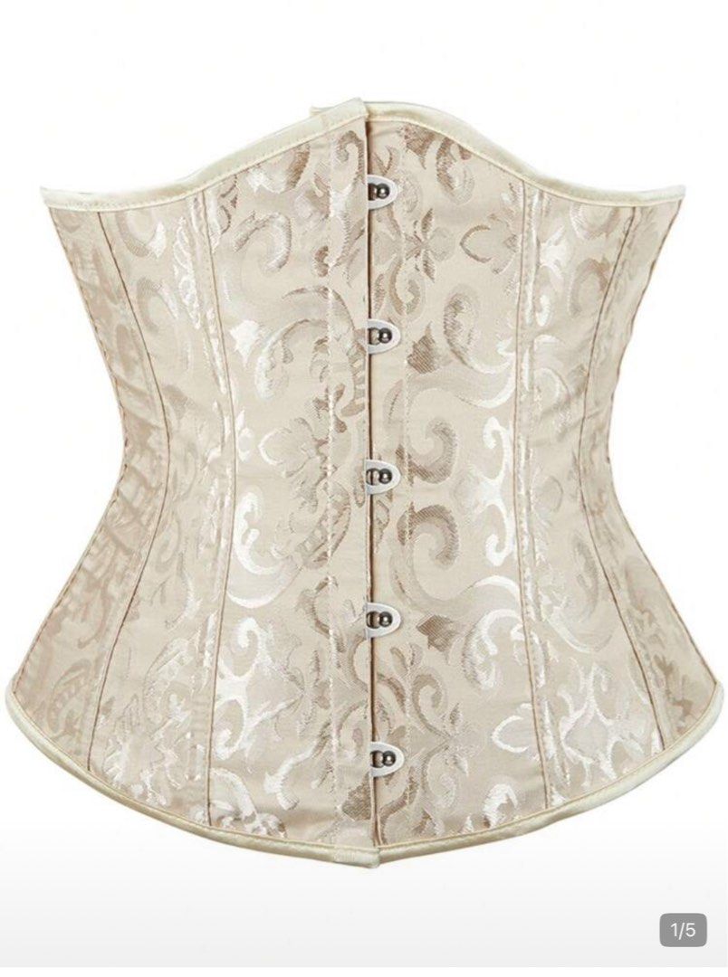 Corset (Category: Sleeveless) located in Muntinlupa City. Submitted by angeliqvn (Listing ID 1465738230, Image 1). Description: Perfect for halloween - Elegant cream and beige brocade fabric with an intricate vintage floral pattern - Secure front busk closure with 5 sturdy metal clasps - Structured inner boning for beautiful waist shaping and support - Finished with soft cream satin binding along the top and bottom edges.