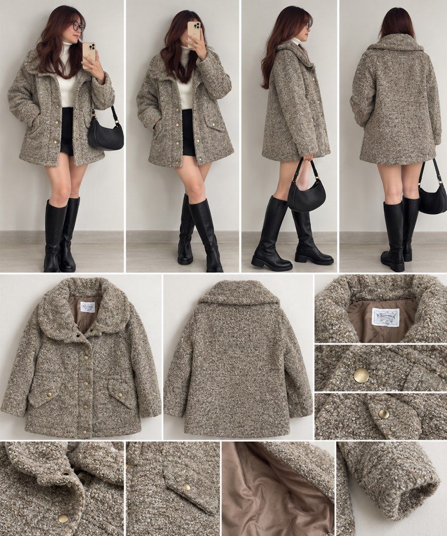 Cozy Brown Tweed Button-Up Winter Jacket (Category: Coats, Jackets and Outerwear) located in Makati City. Submitted by siopao014 (Listing ID 1465589020, Image 1). Description: - Style: Textured brown tweed jacket with warm lining - Collar: Big collar design to keep your neck warm - Closure: Easy snap buttons down the front - Pockets: Two deep side pockets for hands or small items - Material: Thick, soft, and perfect for cold days.
