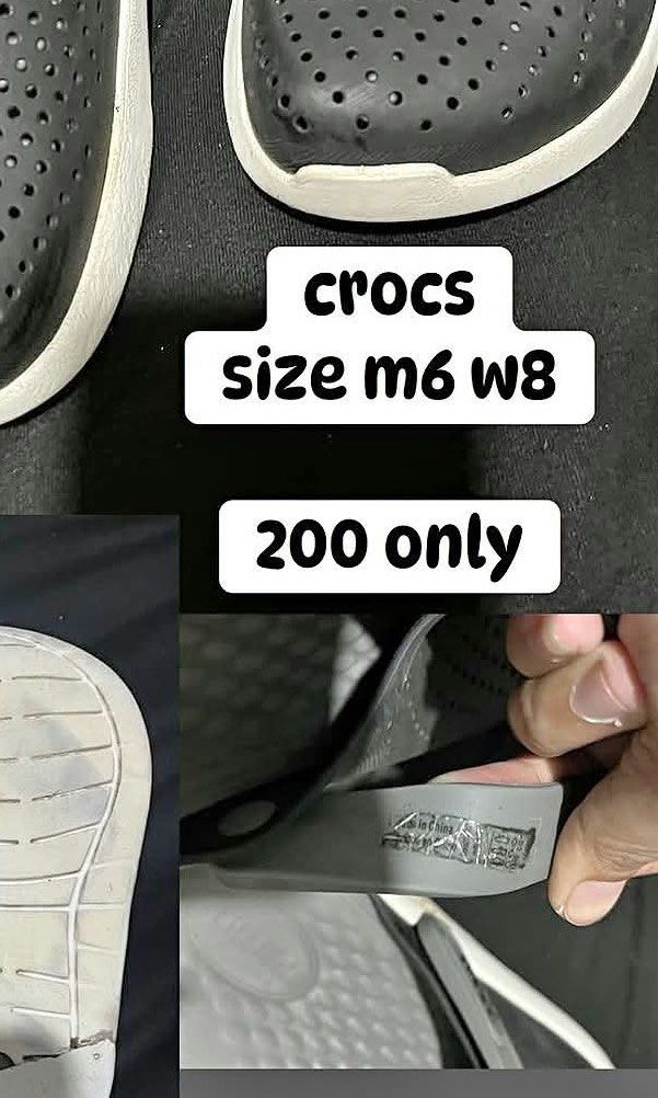 Crocs Size M6 W8 Black Grey Clogs (Category: Slippers & Slides) located in Manila. Submitted by kiyanna.preloved (Listing ID 1465750927, Image 1). Description: - Color: Black and Grey - Size: Men's M6 / Women's W8 - Features: Perforated upper for ventilation and adjustable heel strap - Condition: Pre-loved with some wear on the bottom soles, scuffs, and marks underneath - Perfect for: Casual, everyday slip-on comfort.